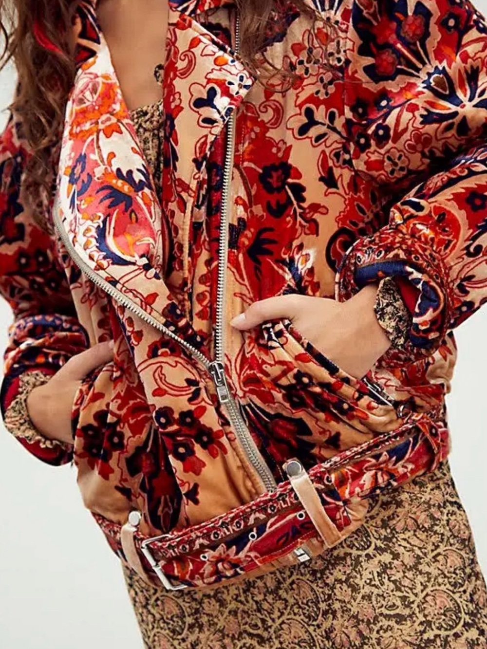 NWT Free People Velvet Floral Bomber Jacket in Red and Cream